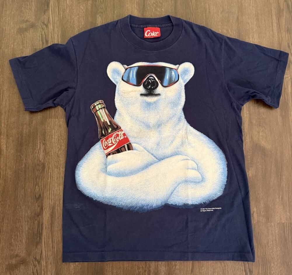 VTG 94’ Coca-Cola Polar Bear Navy Blue White Graphic Iconic Christmas Logo Sz L